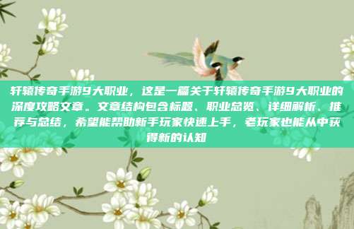 轩辕传奇手游9大职业，这是一篇关于轩辕传奇手游9大职业的深度攻略文章。文章结构包含标题、职业总览、详细解析、推荐与总结，希望能帮助新手玩家快速上手，老玩家也能从中获得新的认知