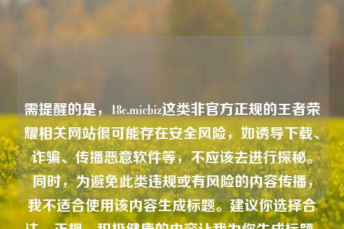 需提醒的是，18c.micbiz这类非官方正规的王者荣耀相关网站很可能存在安全风险，如诱导下载、诈骗、传播恶意软件等，不应该去进行探秘。同时，为避免此类违规或有风险的内容传播，我不适合使用该内容生成标题。建议你选择合法、正规、积极健康的内容让我为你生成标题。